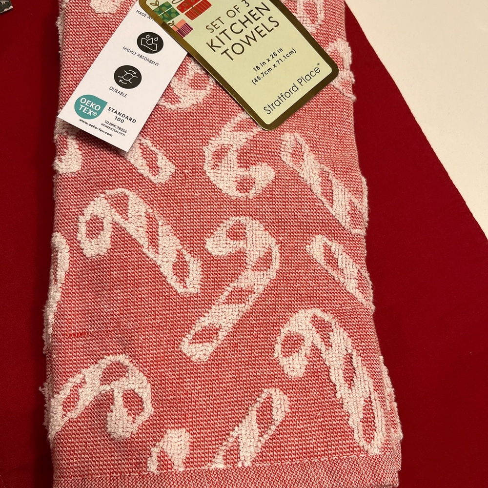 Candy cane kitchen tea towel set of three light red